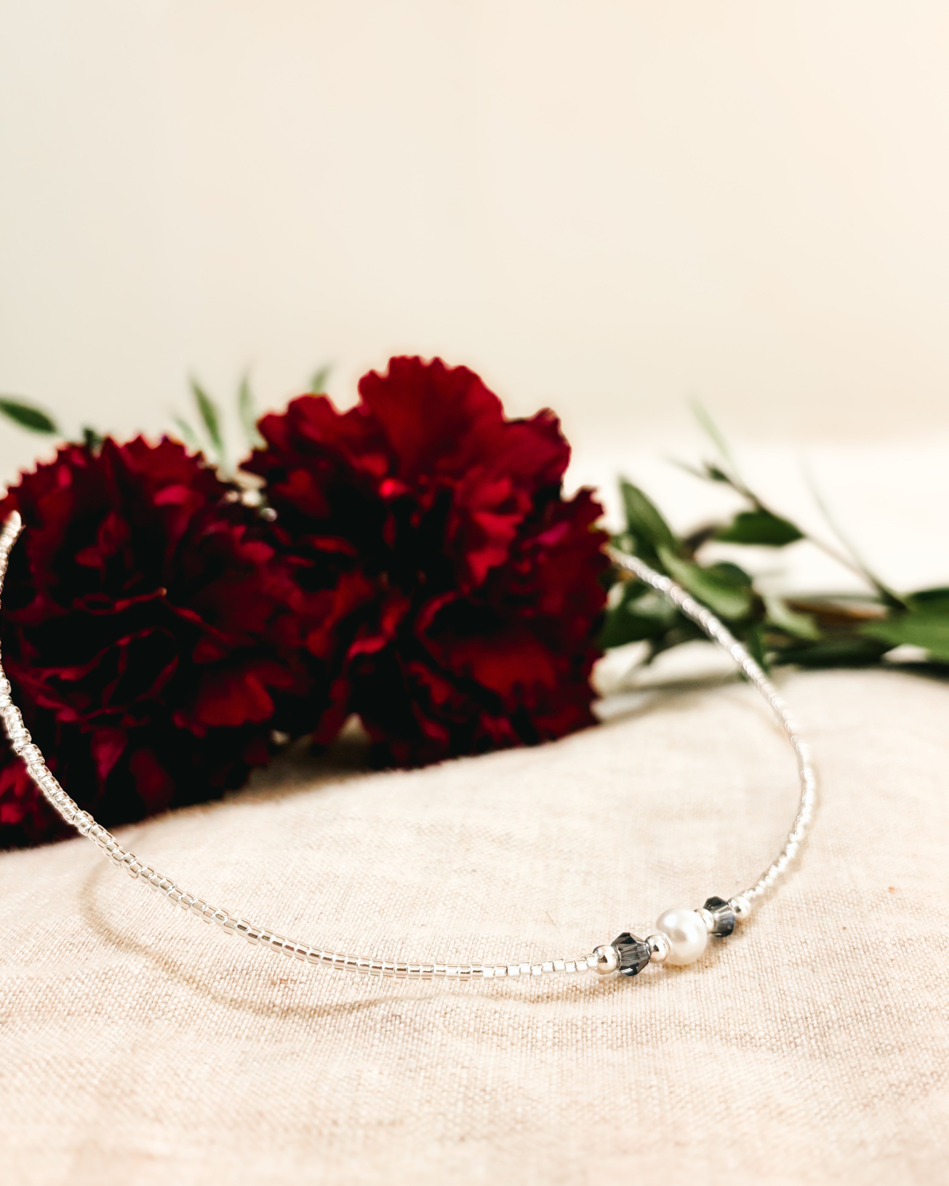 Delicate Beaded Necklace - White and Dusty Blue