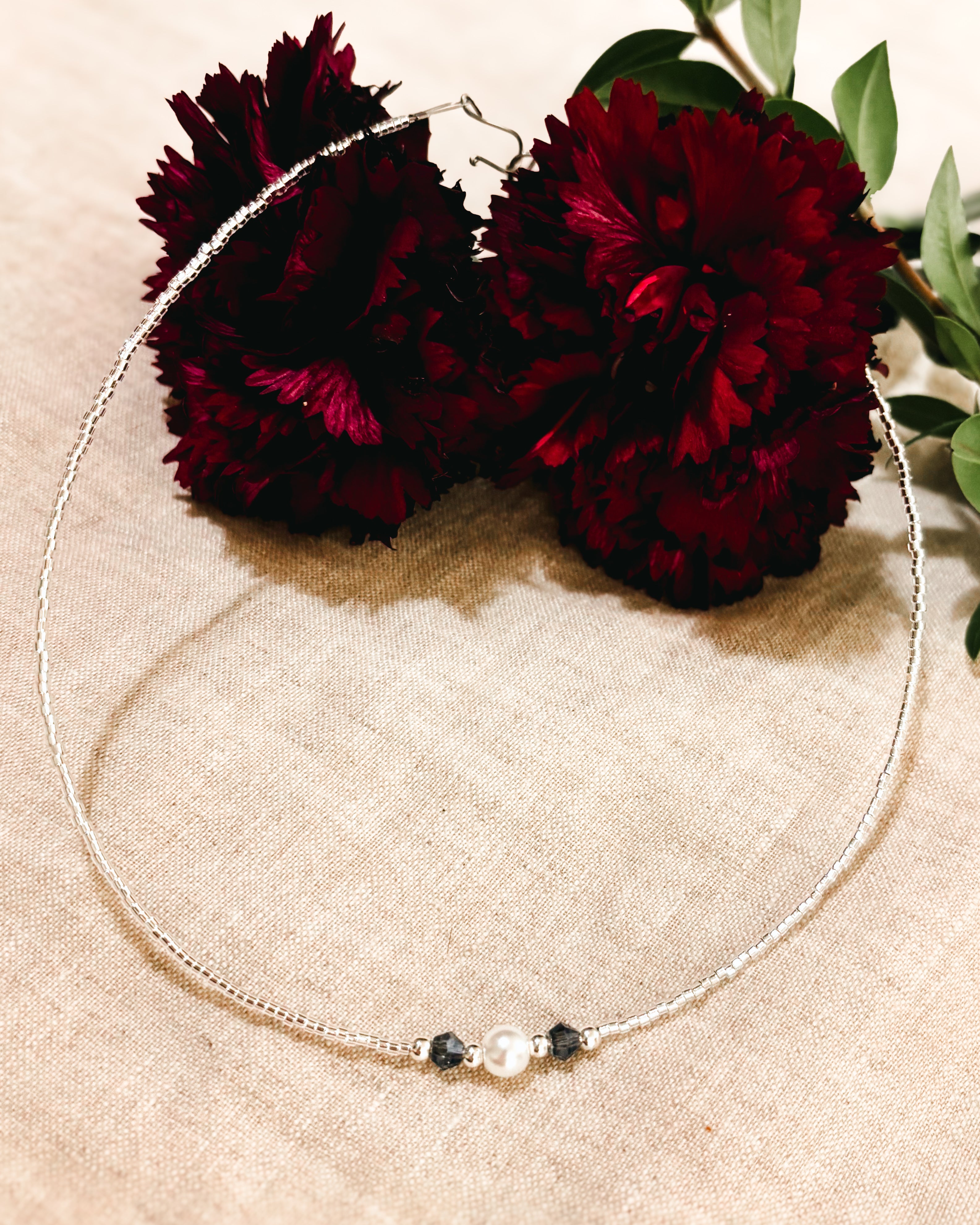 Delicate Beaded Necklace - White and Dusty Blue