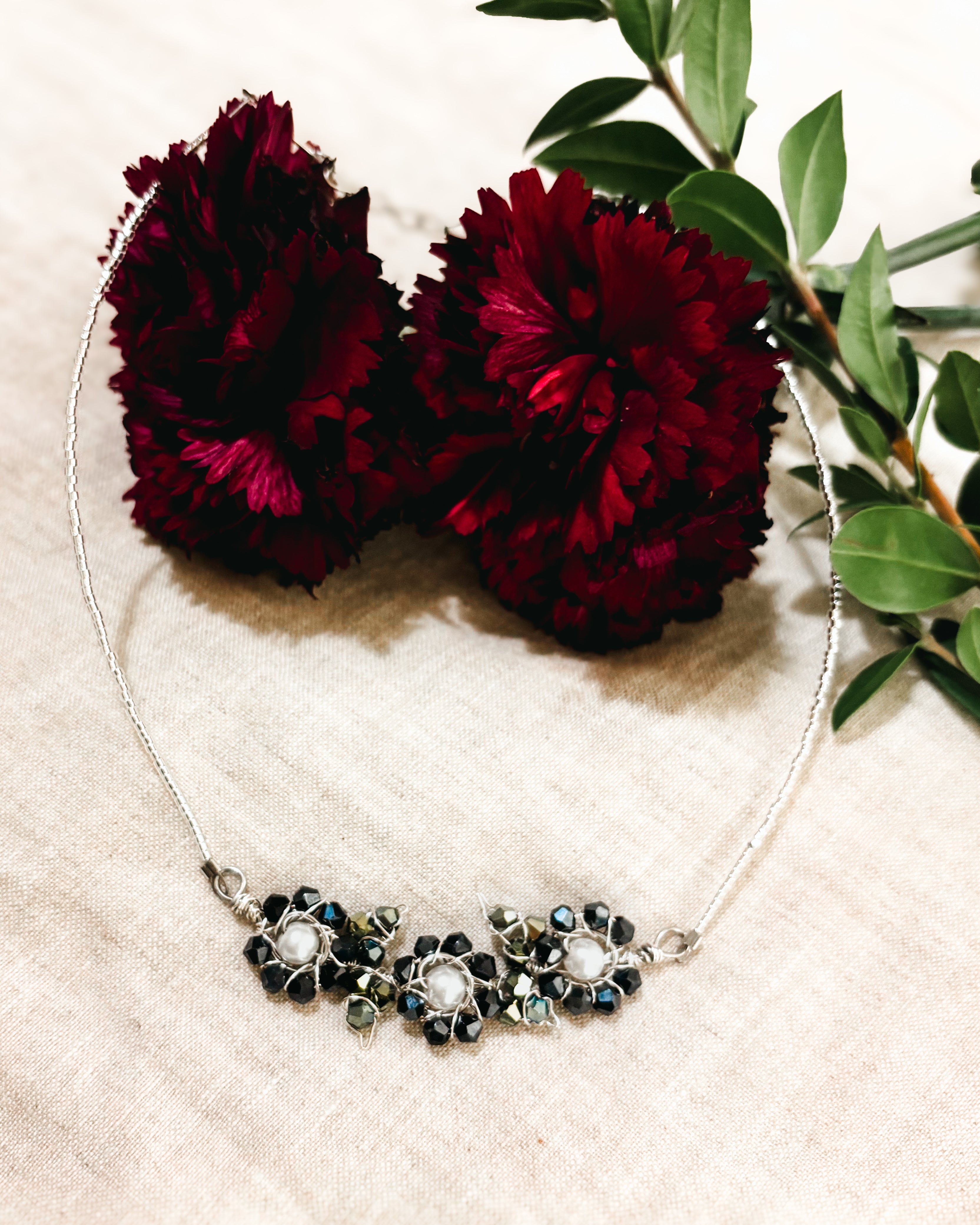 Handmade Wire Wrapped Pearl Flower Beaded Necklace - White and Navy Blue