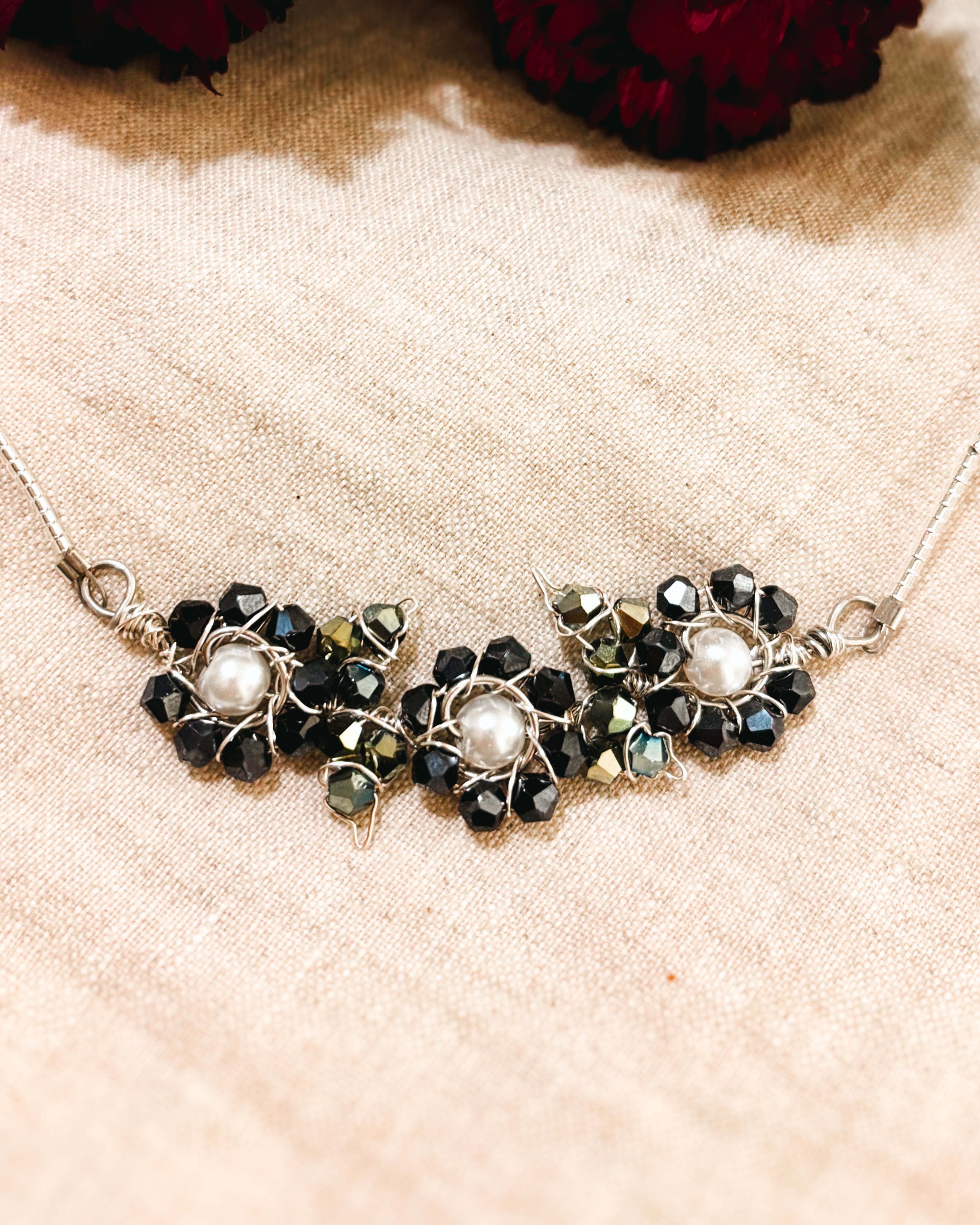 Handmade Wire Wrapped Pearl Flower Beaded Necklace - White and Navy Blue