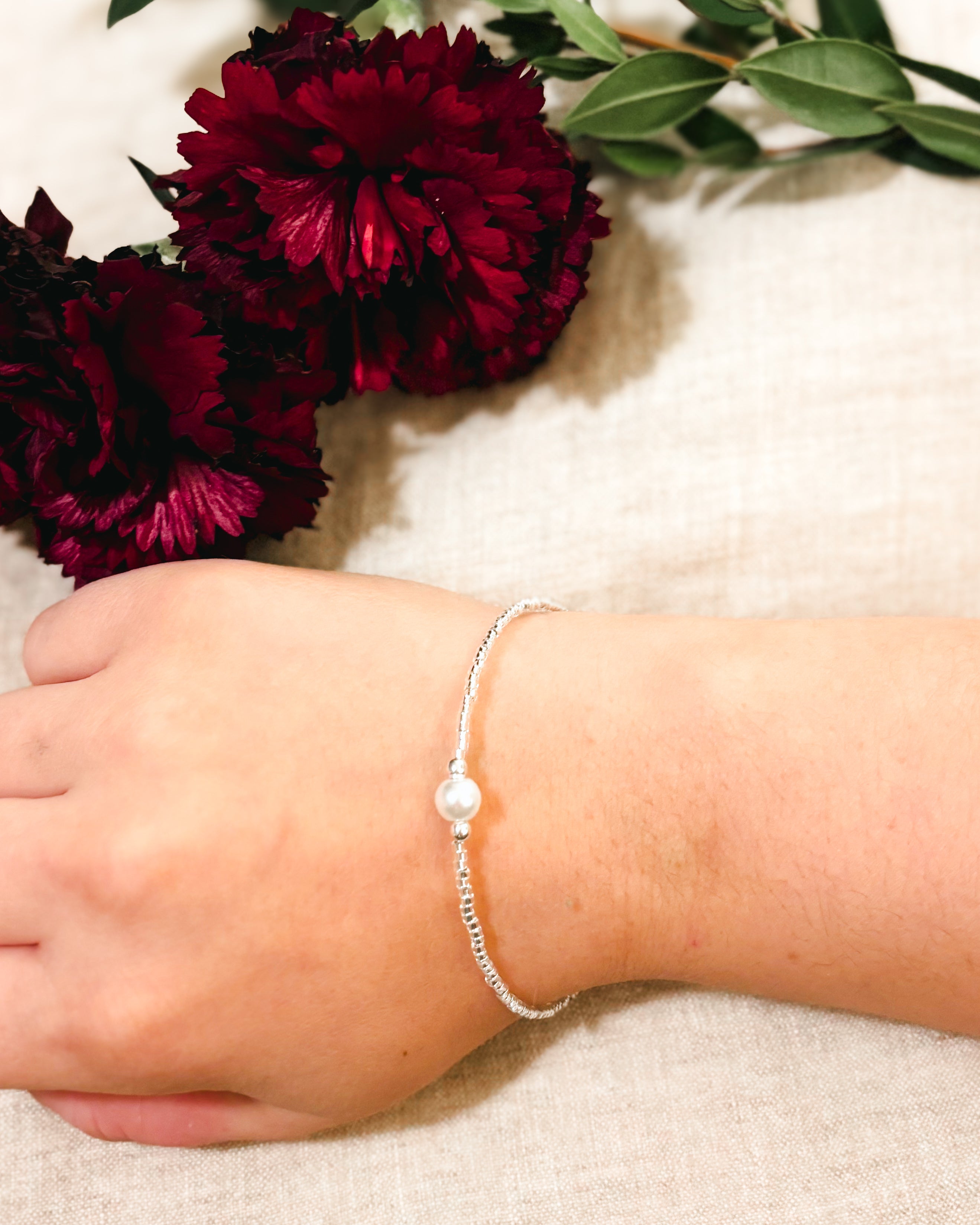 Delicate Beaded Bracelet - White, Glass Pearl