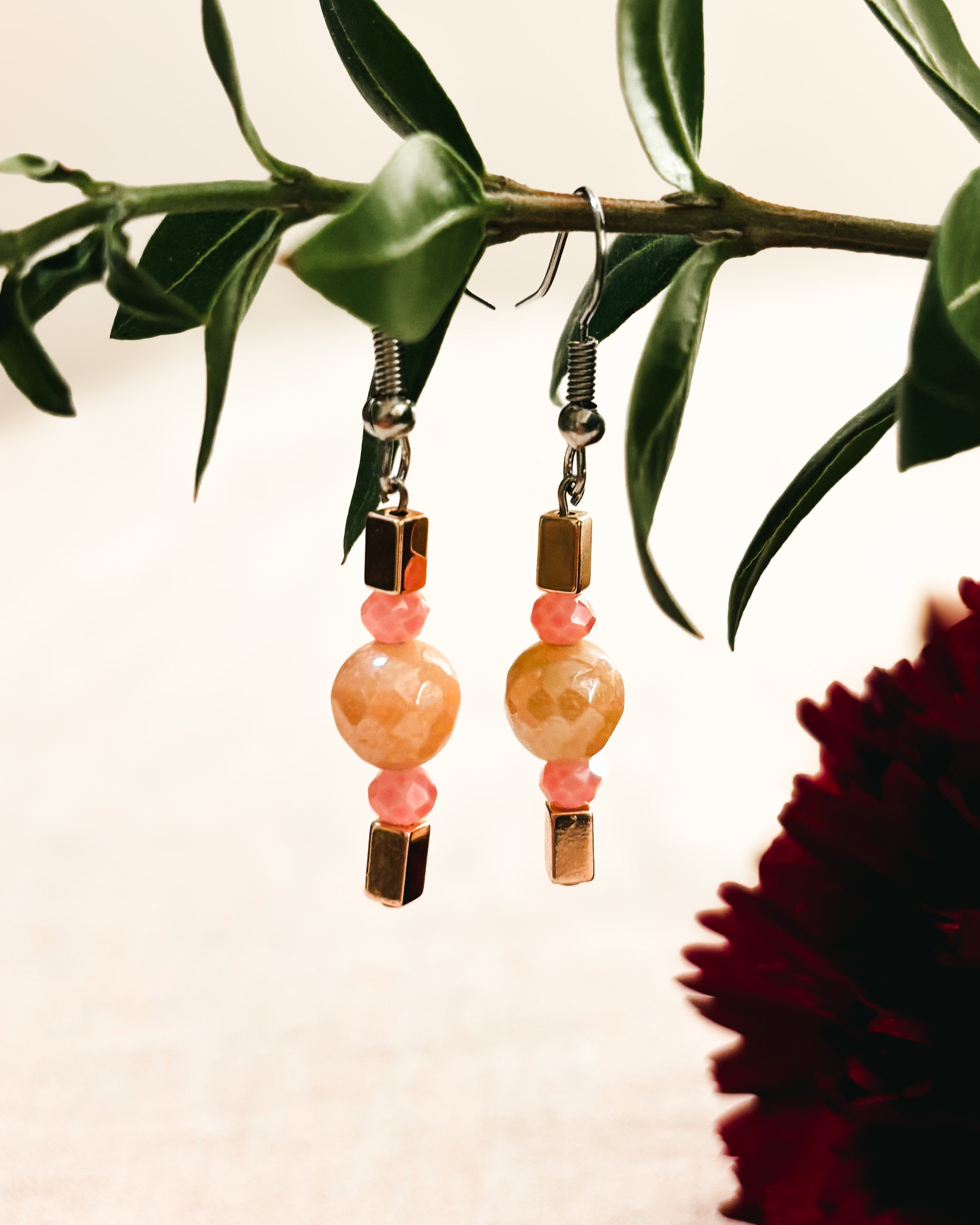 Pink Aventurine and Rose Gold Hematite Earrings