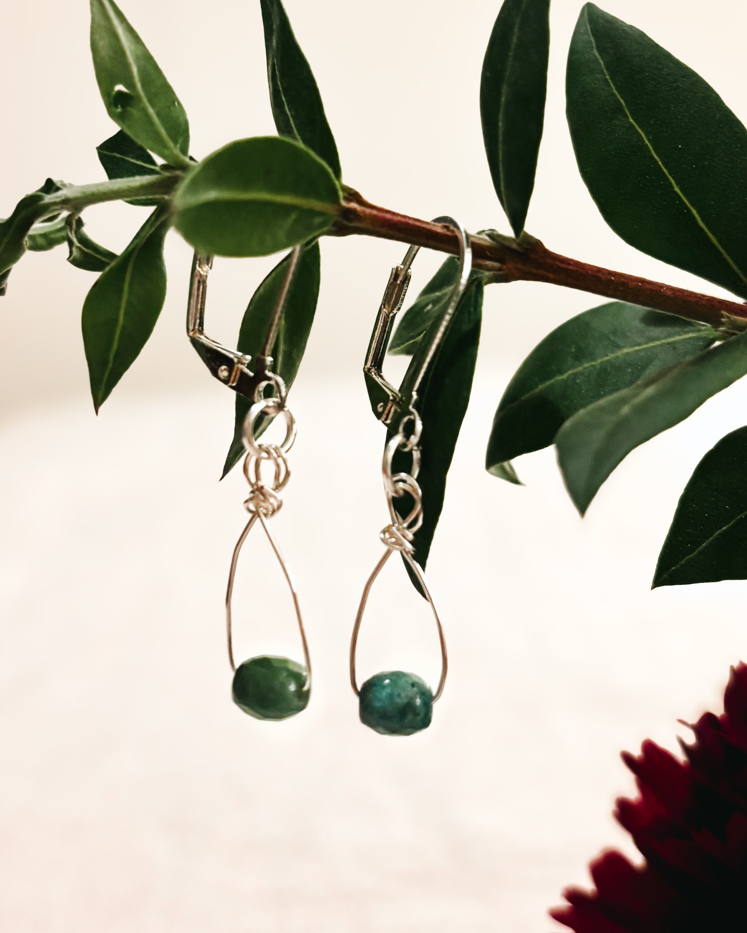Fancy Jasper Hand Wired Drop Earrings - Muted Green-Blue Color