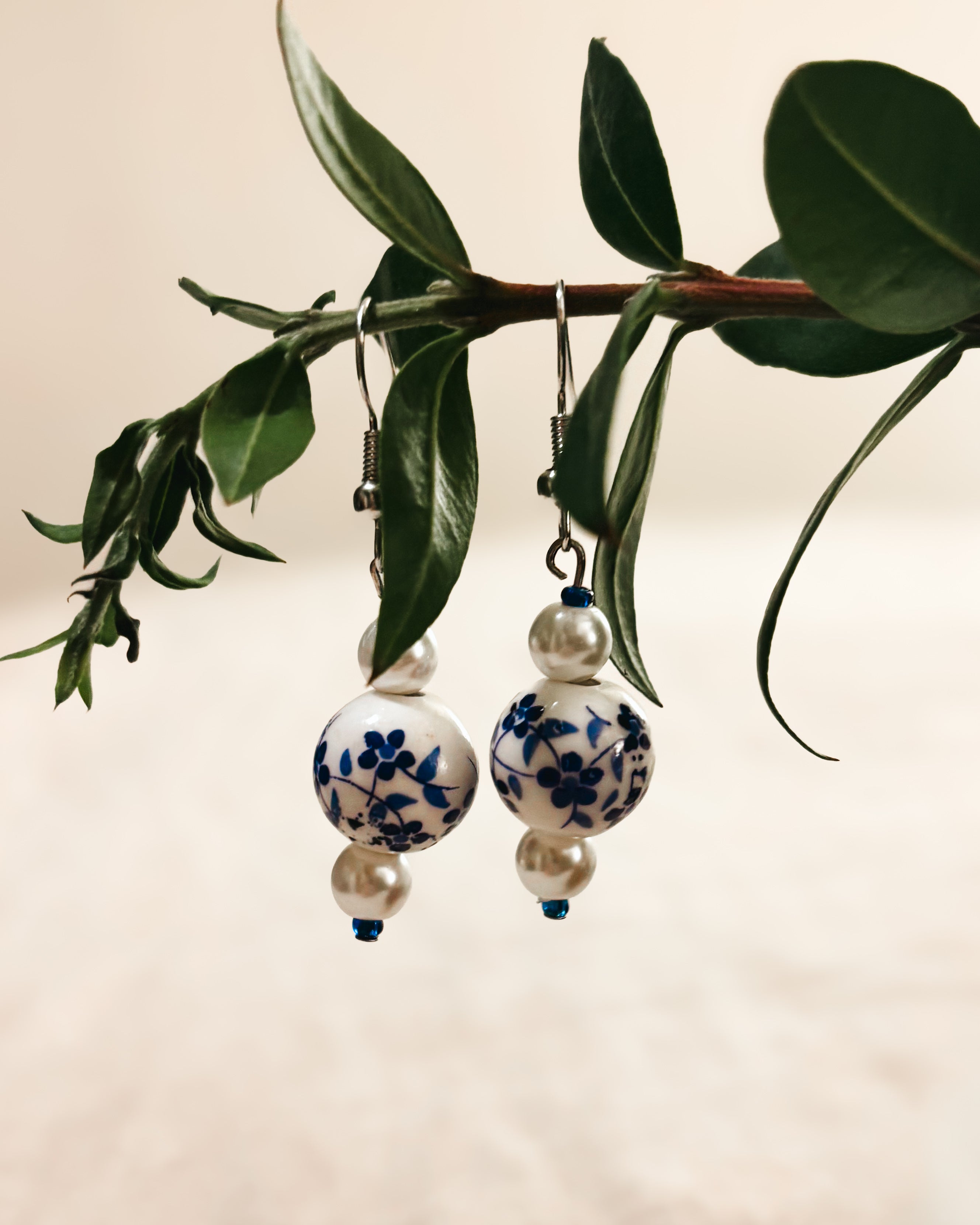 Blue Daisy Ceramic Bead Drop Earrings