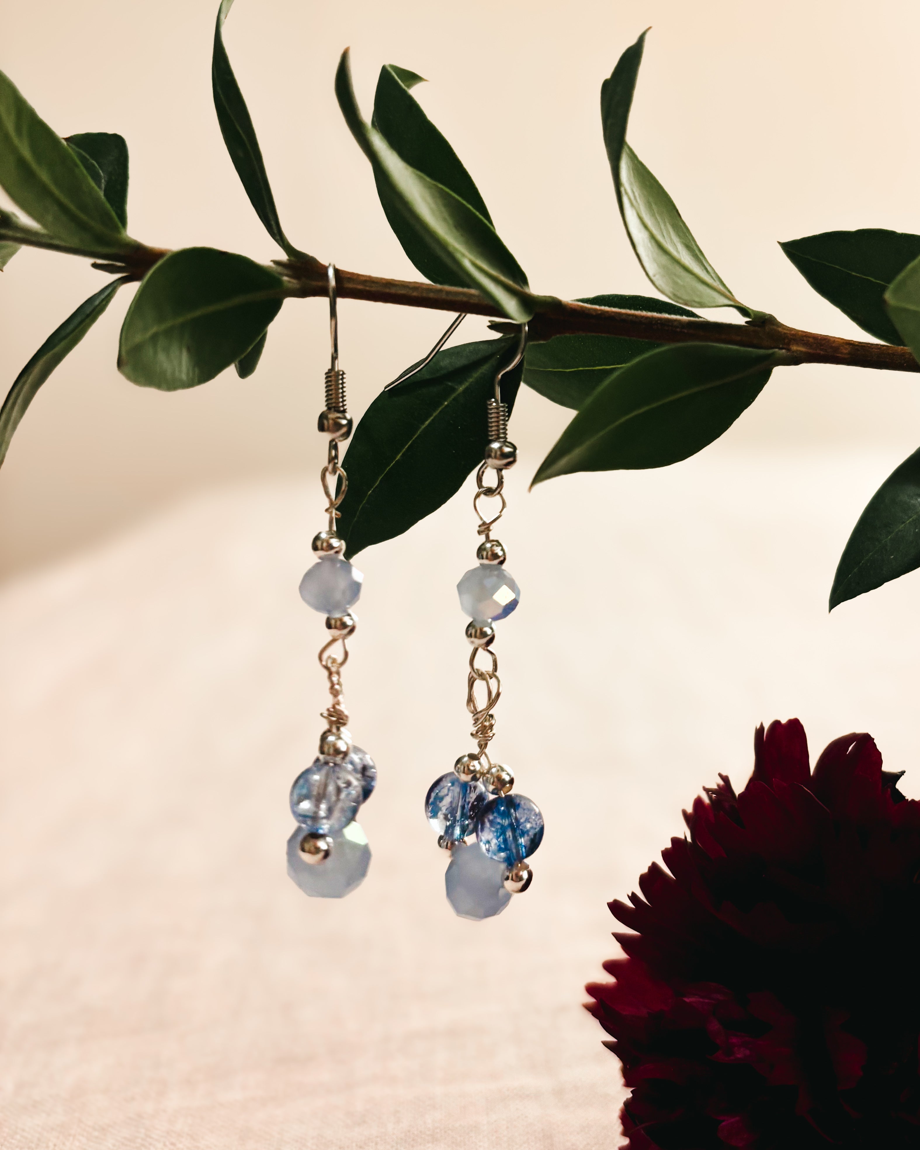 Crackle Quartz and Glass Bead Dangle Earrings - Periwinkle and Blue