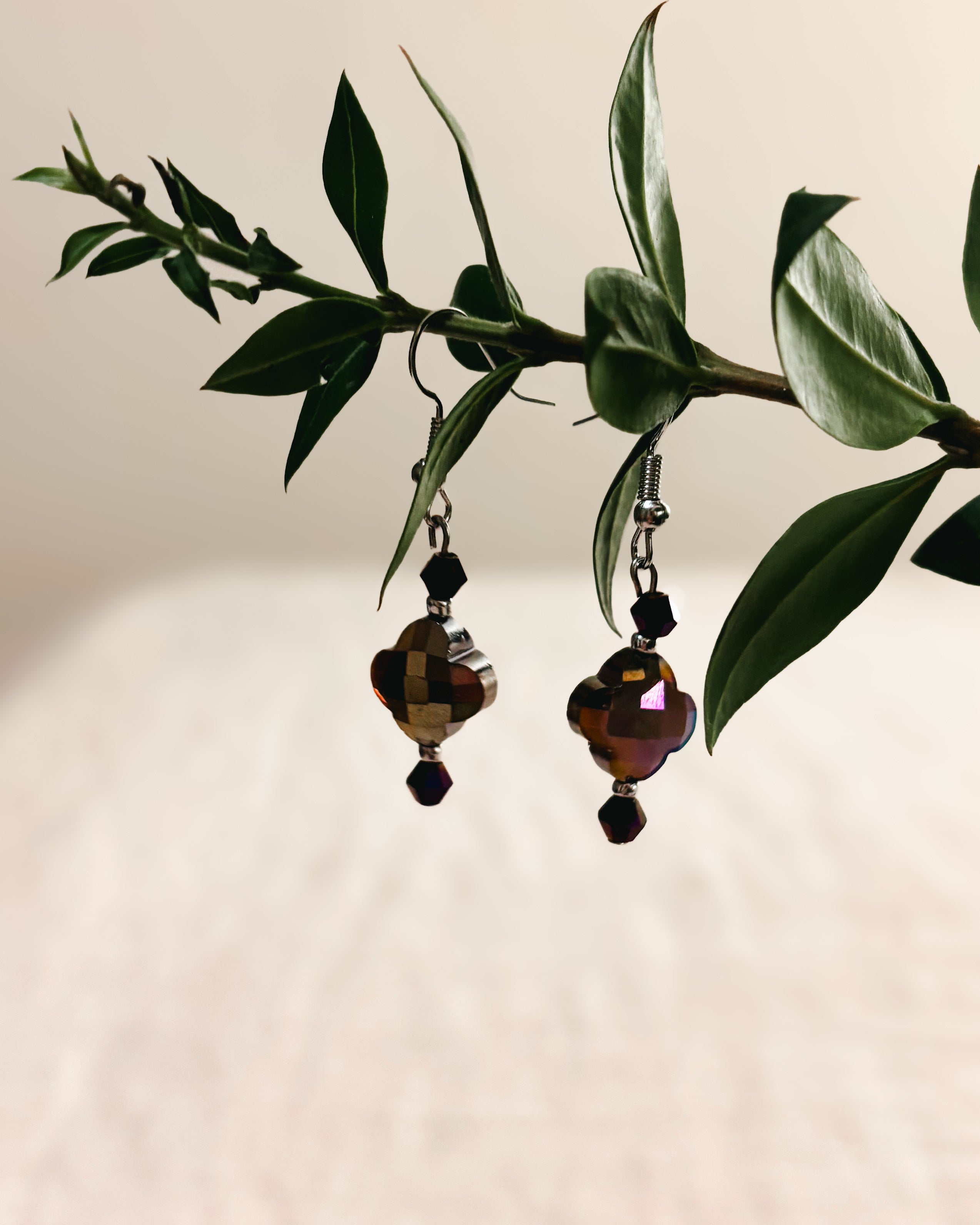 Purple Glass Faceted Cross Dangle Earrings