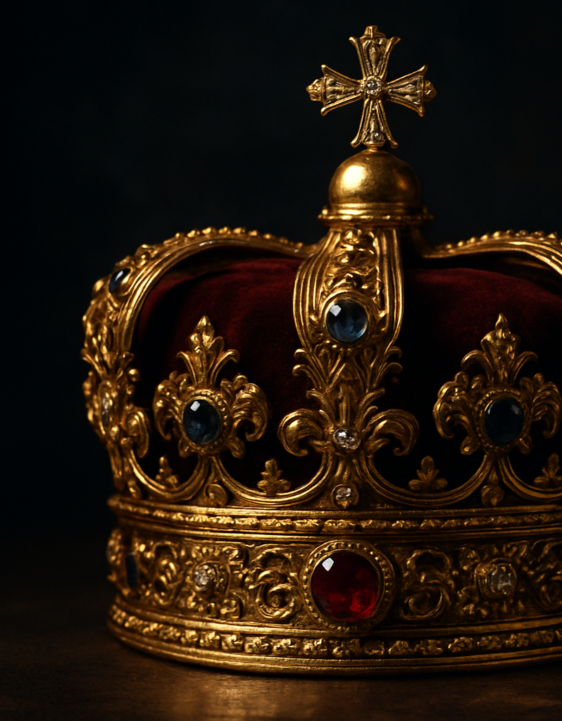 a close up photo of a queens crown with a dark moody background