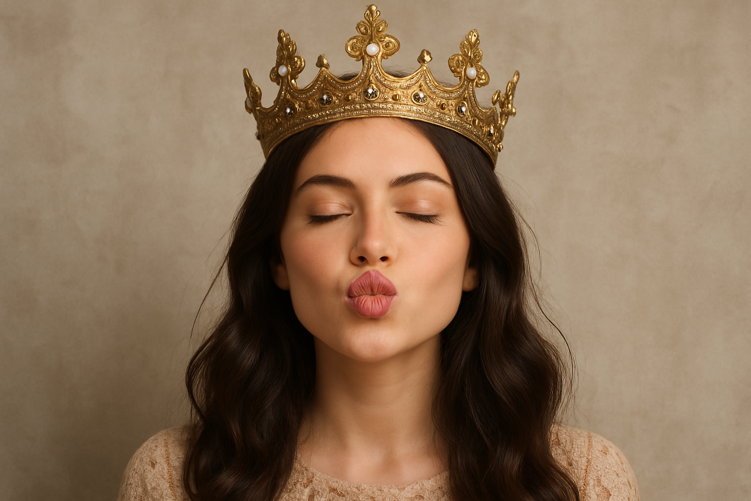 a woman with a crown on her head puckering her lips