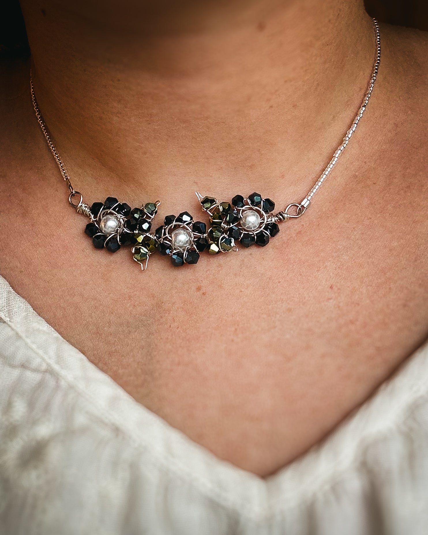 Handmade Wire Wrapped Pearl Flower Beaded Necklace - White and Navy Blue