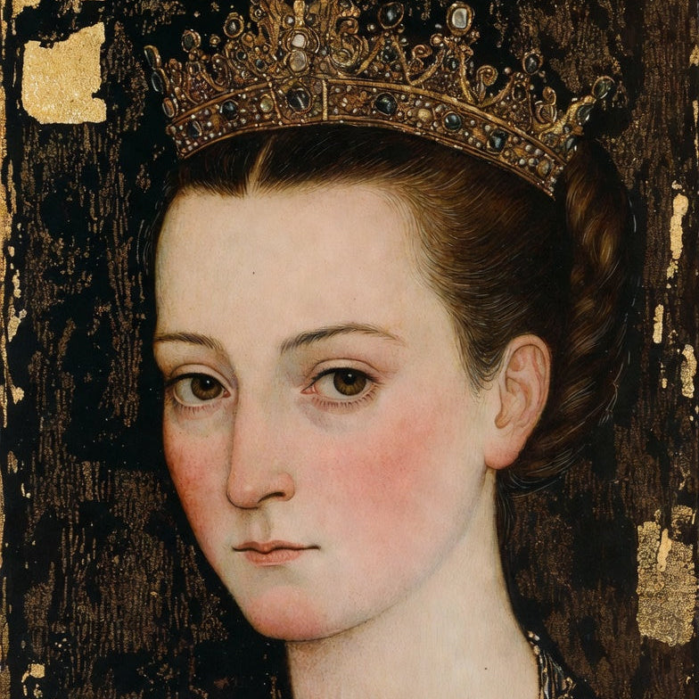 Portrait of a woman wearing a crown and ornate clothing on a dark background