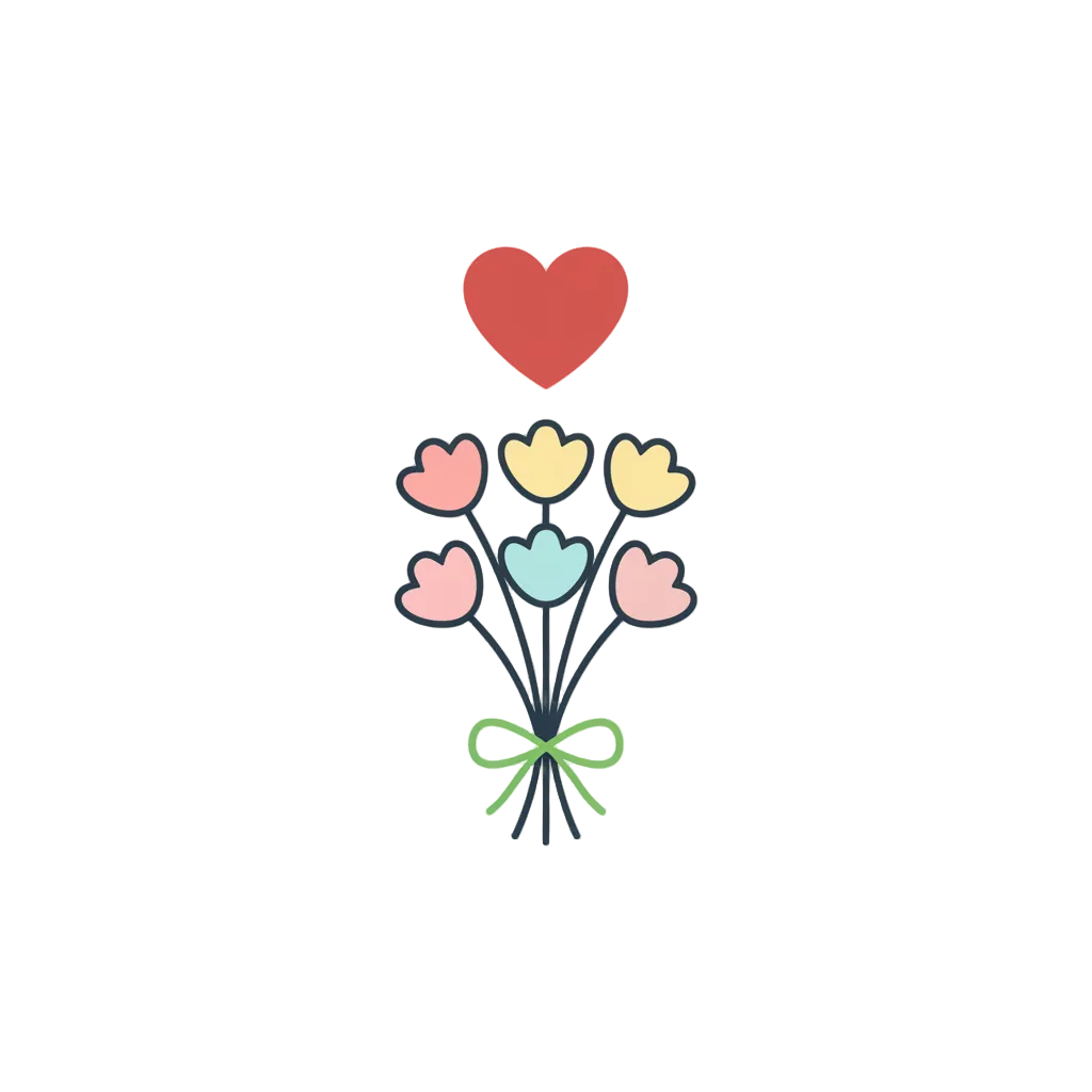 Bouquet of flowers with a heart above on a white background