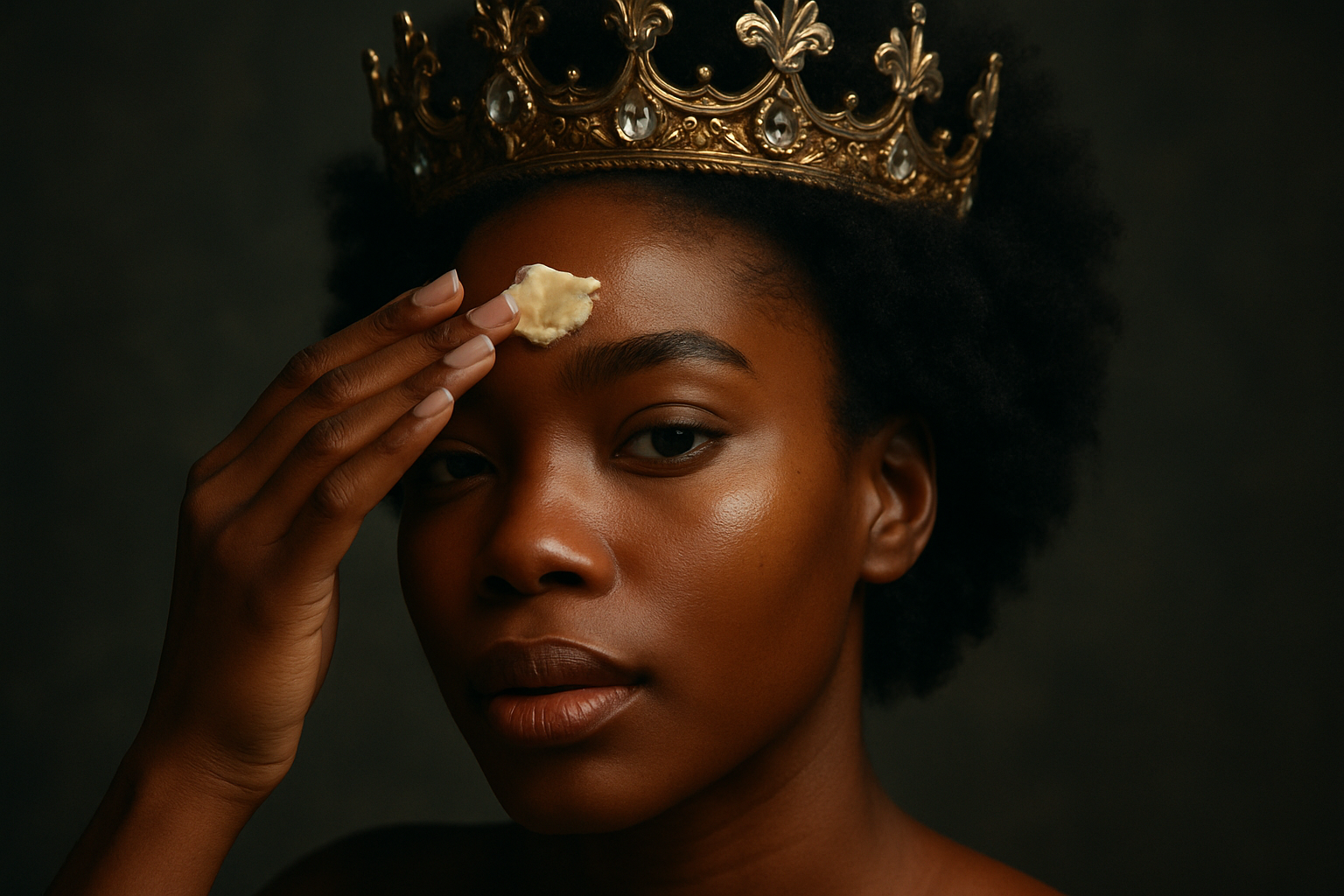 a close up of a  beautiful black woman with a crown on her head putting pale yellow face cream on her forehead with a moody background
