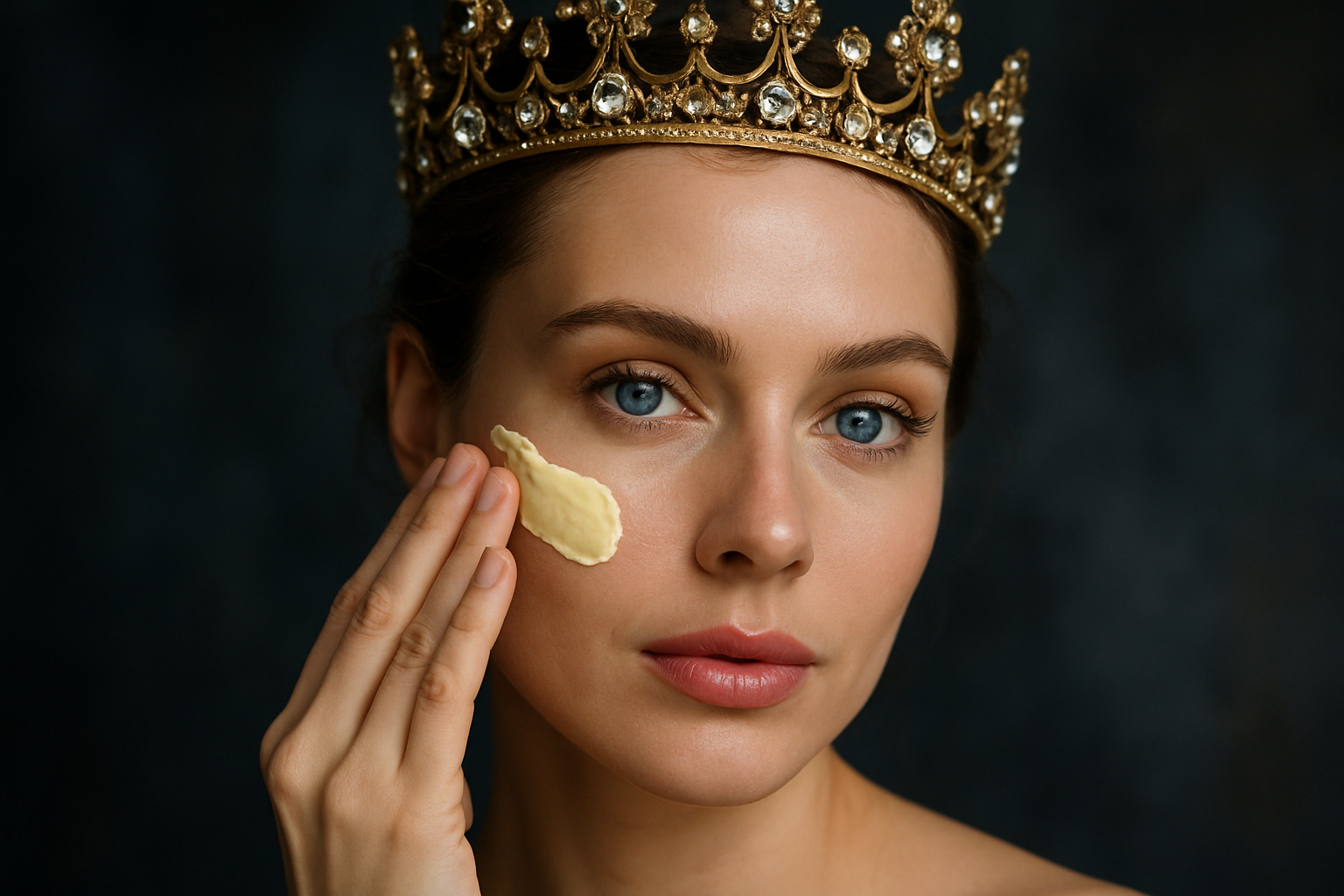 a close up of a beautiful blue-eyed woman wearing a crown putting a pale yellow face cream on her face with a moody background