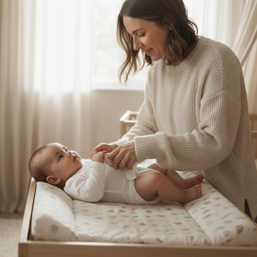 Woman tending to a baby in a nursery with a crib and chair.