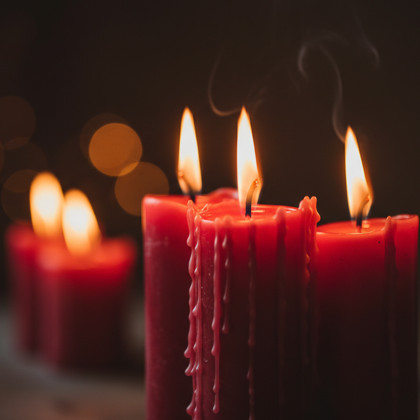 Three red candles with flames against a dark background