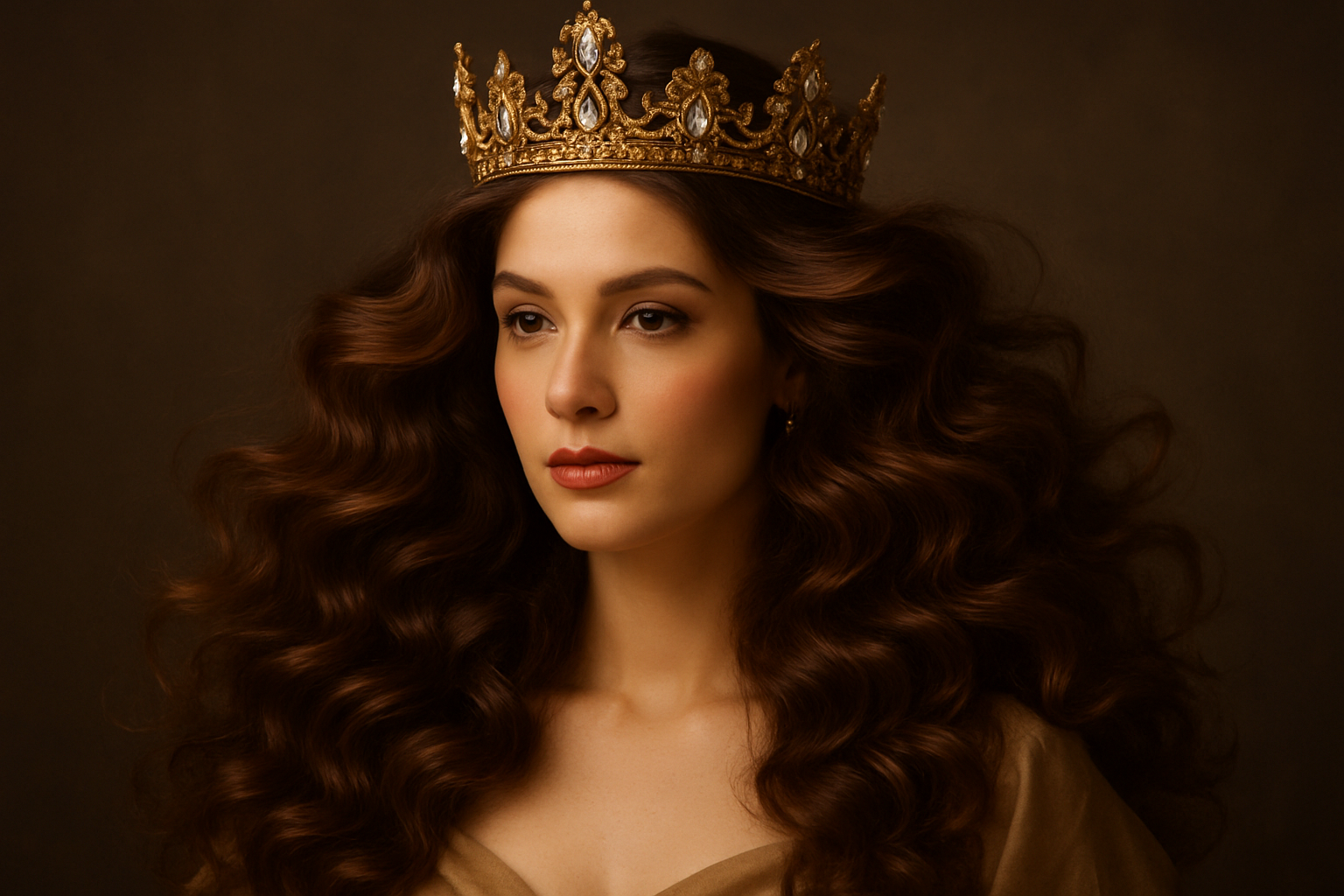 a photo beautiful woman with thick luxurious hair and a crown upon her head