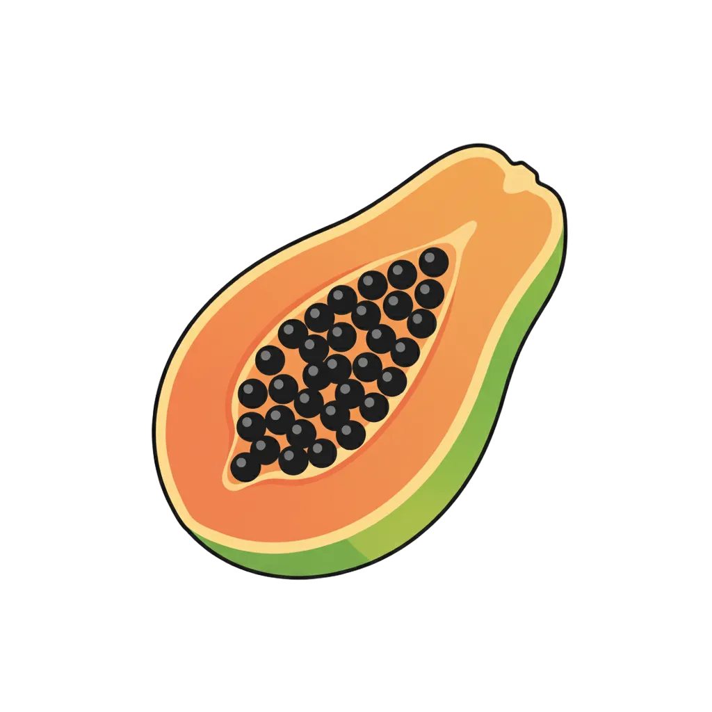 Illustration of a halved papaya with black seeds on a white background