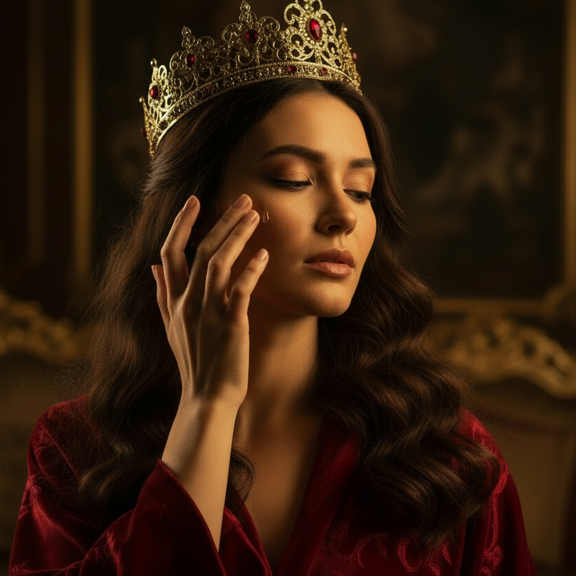 Woman in a red robe and tiara in a dimly lit room with ornate furniture.