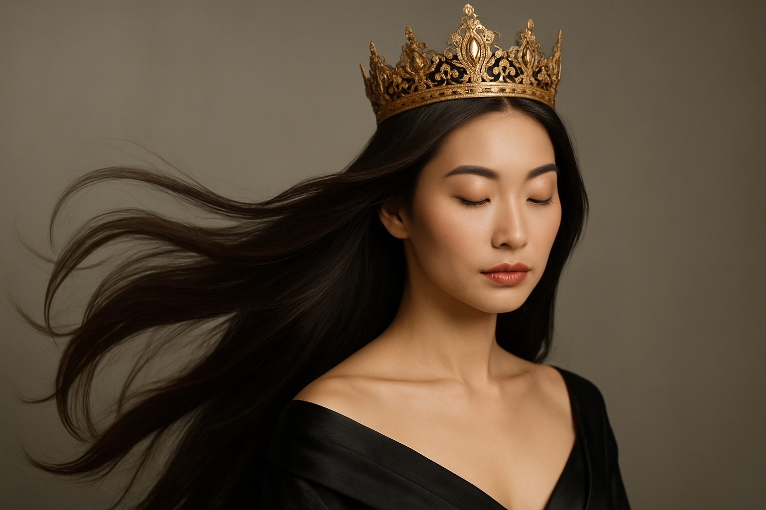 an asian woman with beautiful silky hair and a crown on her head