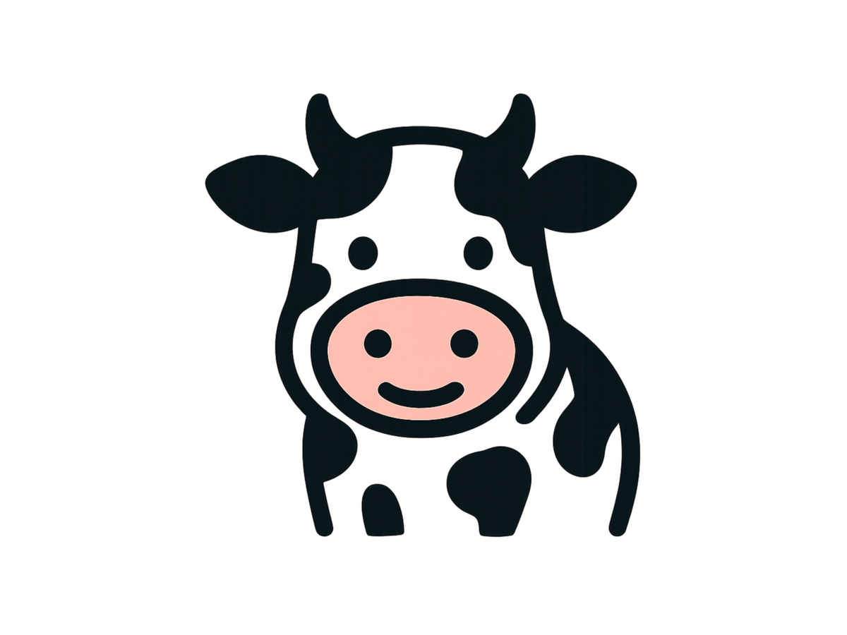 Cartoon cow face with black spots on a white background