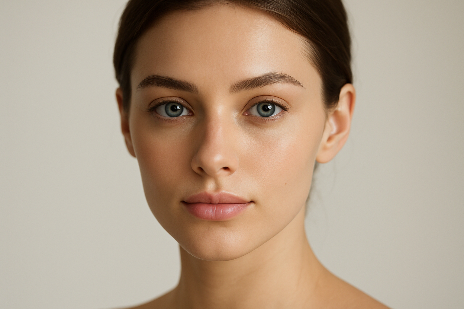 up close look at beautiful woman's even skintone, she has blue eyes