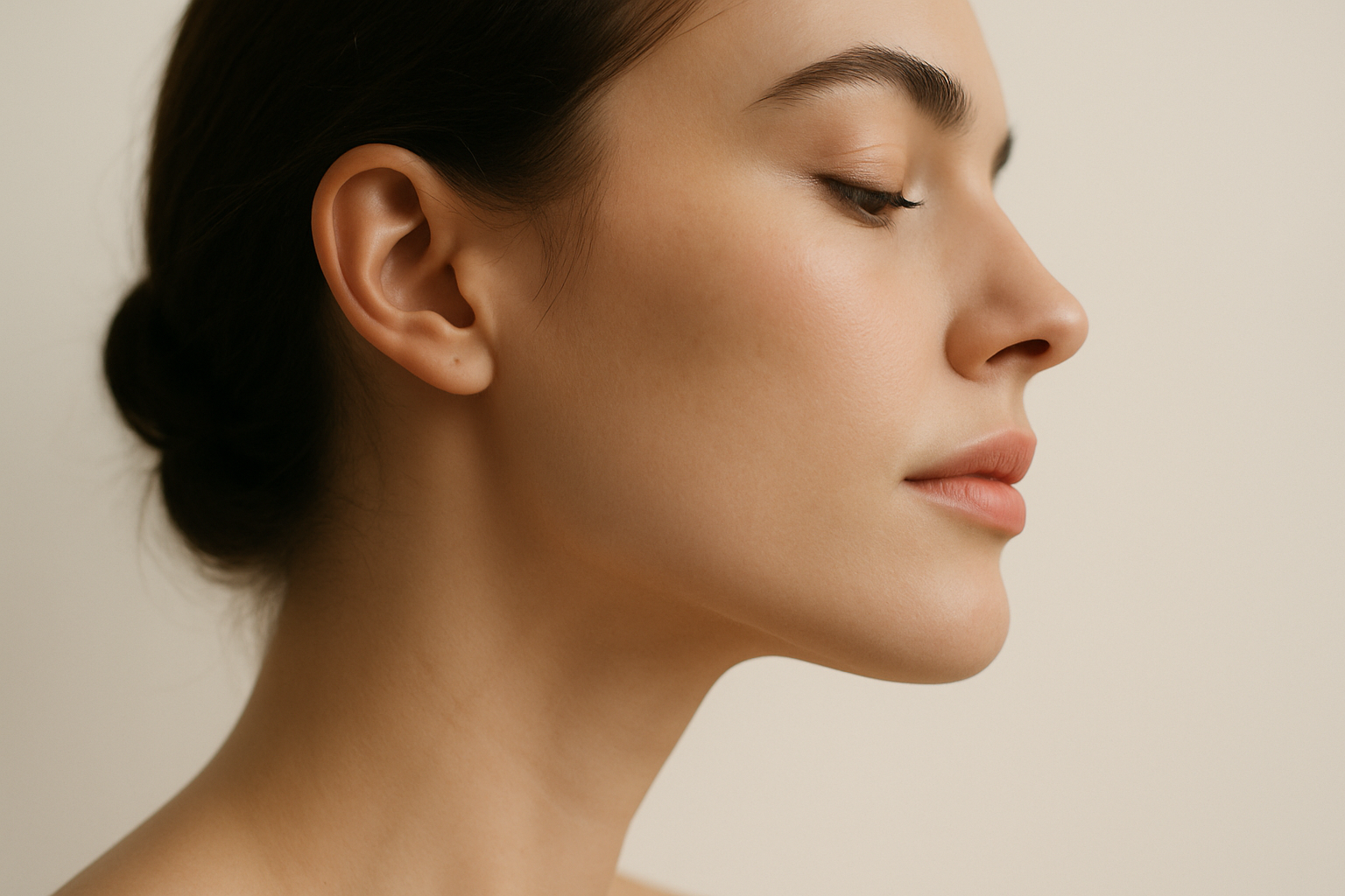 up close look on beautiful woman's side of face chin and mouth