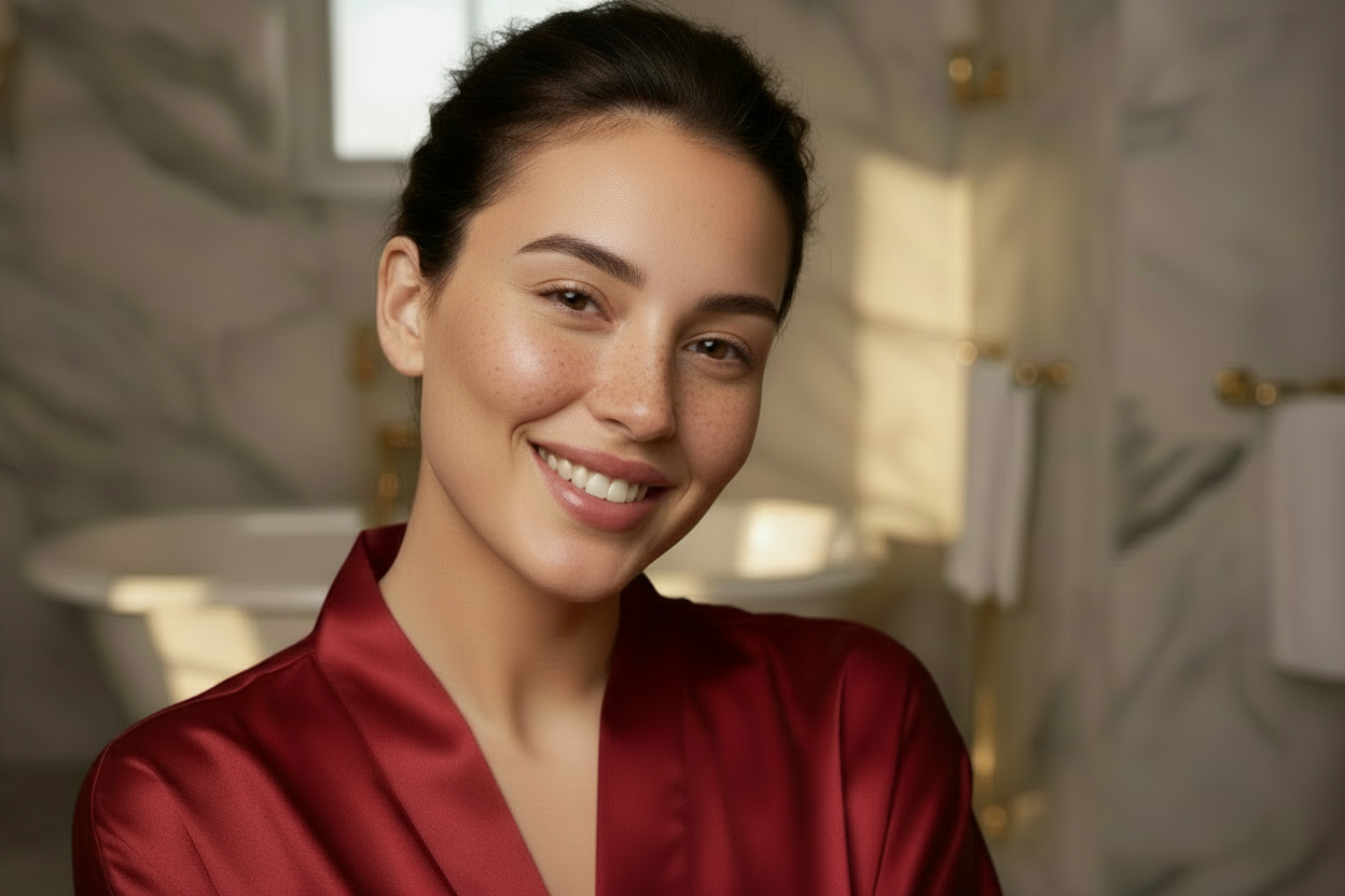 Woman wearing a red satin robe in a bathroom setting